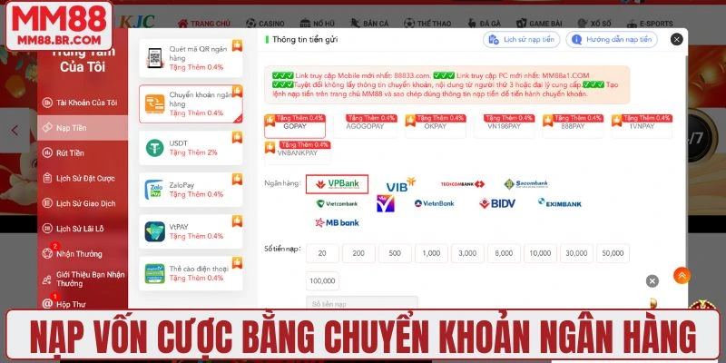 Nạp vốn cược bằng chuyển khoản ngân hàng